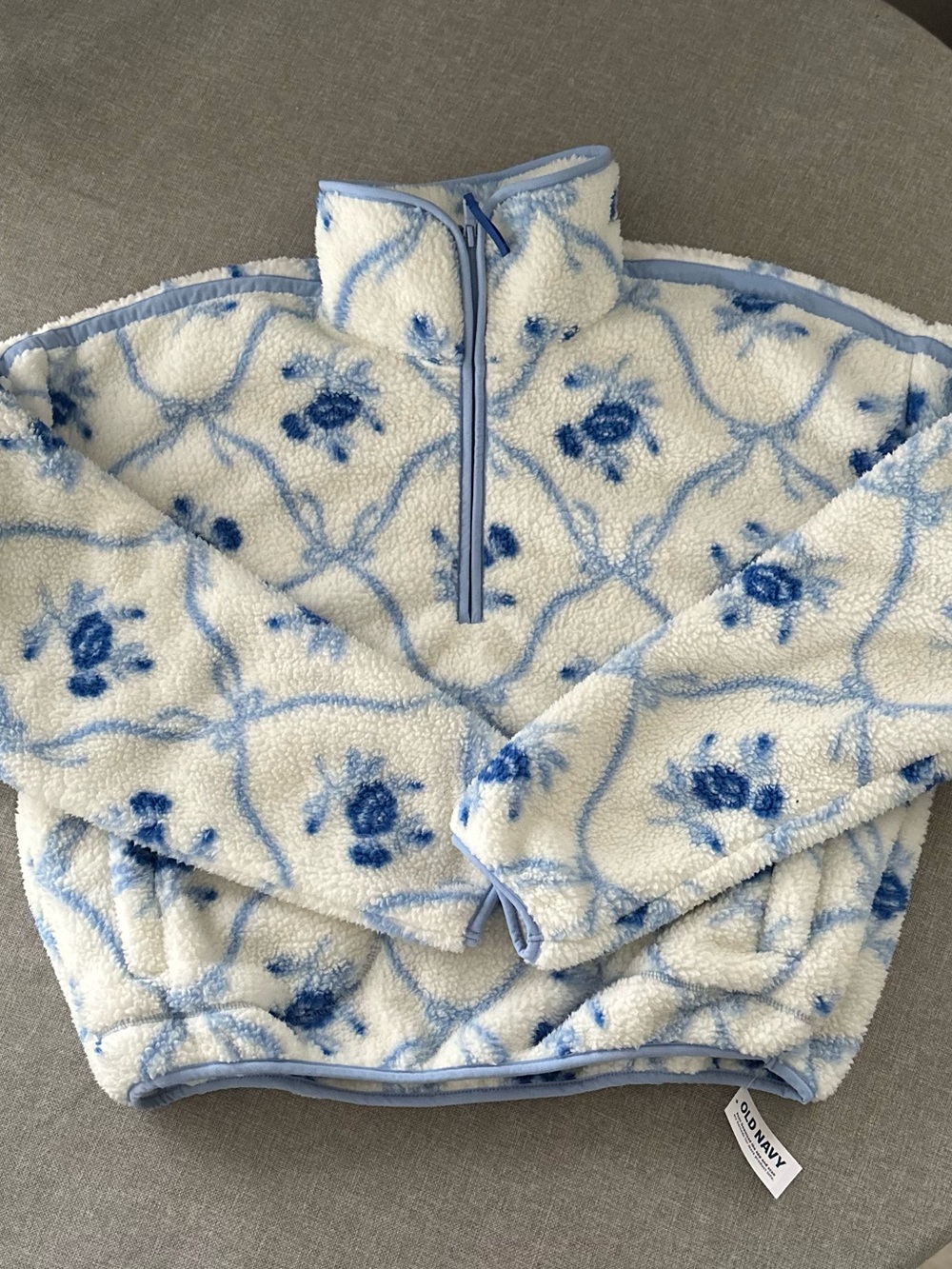 Cream and Light Blue Floral Sherpa Half-Zip Jacket- TALL - Picture 2 of 12